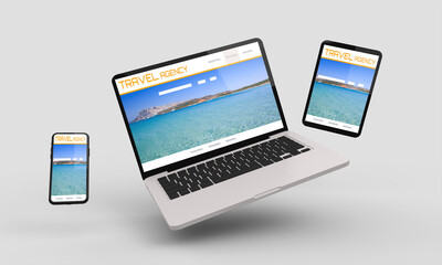 Flying laptop, mobile and tablet 3d rendering showing travel senior responsive web design .3d illustration