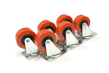 New red rubber caster wheel isolated on white background, industrial ball caster wheel.