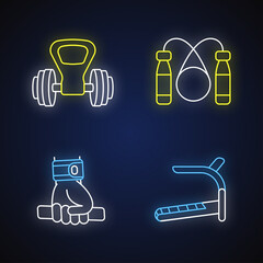 Exercise equipment neon light icons set. Kettlebell handle, jump rope, wrist wraps and treadmill signs with outer glowing effect. Sport gear. Vector isolated RGB color illustrations