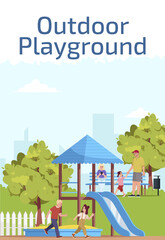 Outdoor playground poster template. Commercial flyer design with semi flat illustration. Kids recreation. Vector cartoon promo card. Children playpark, kindergarten advertising invitation
