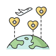 Medical tourism RGB color icon. International wellness tour. Visiting sanatorium and healthcare resorts. Health improving journey. Isolated vector illustration