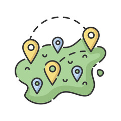 Domestic tourism RGB color icon. Traveling for vacation or business trip inside one country. Local tourism. Map with GPS location tags isolated vector illustration