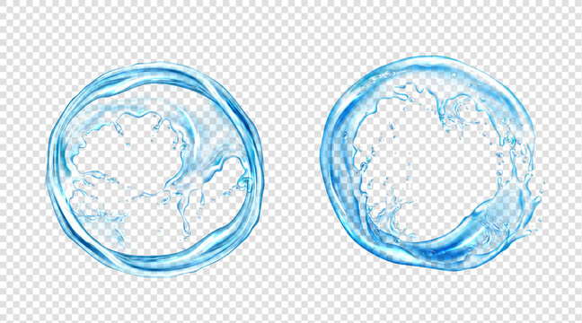 Circle Water Splash, Liquid Aqua Frame Of Round Shape, Dynamic Motion Elements With Spray Droplets, Isolated Border On Transparent Background, Hydration Ad. Realistic 3d Vector Illustration, Clip Art