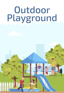 Outdoor Playground Poster Template. Commercial Flyer Design With Semi Flat Illustration. Kids Recreation. Vector Cartoon Promo Card. Children Playpark, Kindergarten Advertising Invitation