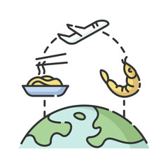 Food tourism RGB color icon. International culinary tours. Exploring international kitchen, traditional cuisine. World map with dishes isolated vector illustration