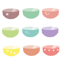 Salad bowls and bowls for serving the table in different colors. Vector image.