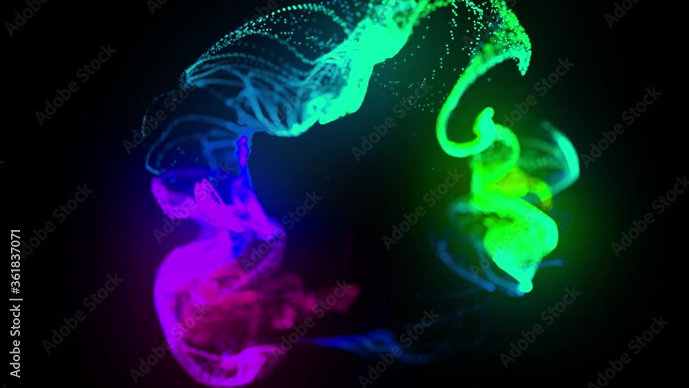 Poster fluorescent ink change color. injection of glow ink in water on black background in 4k. 3d render of