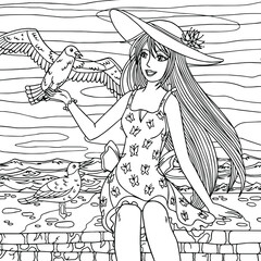 Fototapeta na wymiar Girl with long hair in summer dress feeds the seegulls and seats near by the sea. Vector summer outline illustration for coloring book pages for adult. Relaxing at home. Isolated black line art.