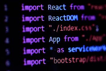 Close-up of React, Javascript programming source code - obrazy, fototapety, plakaty