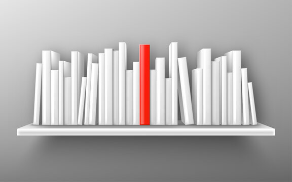 Books on white bookshelf, bestseller mockup with red cover stand on shelf in library or store. Booklets, diary volumes with empty spines stand in row at rack hang on wall, realistic 3d vector mock up