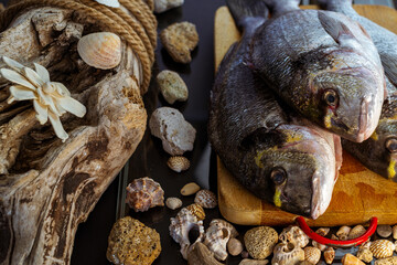 pesce sul tagliere con conchiglie e sfondo in legno