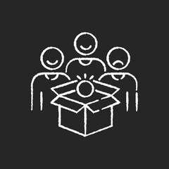 Pilot production chalk white icon on black background. Focus group testing, new product presentation. Prototype manufacturing, expert quality assessment. Isolated vector chalkboard illustration