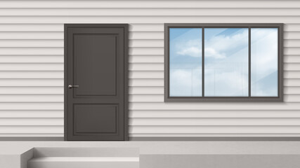House facade with gray door, window, siding wall and steps. Vector realistic background of building front, modern home porch. Entrance for suburban apartment outside