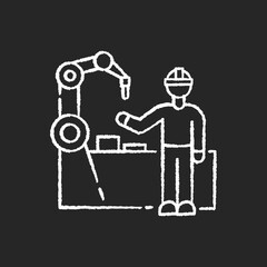 Employee training chalk white icon on black background. Manufacturing industry, professional production line maintenance. Factory worker near conveyor belt isolated vector chalkboard illustration