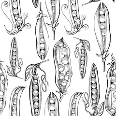 Seamless black and white image of pea pods. Idea for wallpaper, wrapping paper, decor. Isolated on white background.