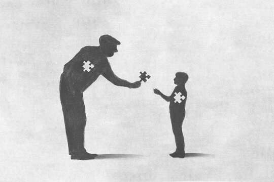 illustration of a man giving the missing puzzle to a child, sacrifice concept