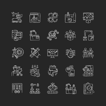 Production process chalk white icons set on black background. Manufacturing industry. Commercial product development and mass production technologies. Isolated vector chalkboard illustrations
