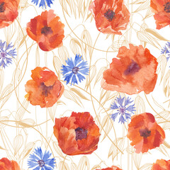 Seamless pattern with poppies, cornflowers and cereals. The combination of watercolor and digital art. Summer floral background.