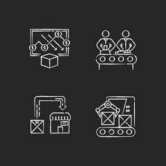 Manufacturing business chalk white icons set on black background. Cost reduction analysis, product assembly, production line and post manufacturing. Isolated vector chalkboard illustrations