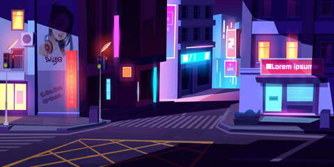 Obraz premium City street with houses, road with pedestrian crosswalk, traffic lights and store front with banner at night. Vector cartoon cityscape, urban landscape with residential buildings and shops