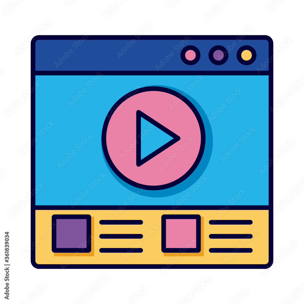Poster template webpage with play button education online line and fill style icon