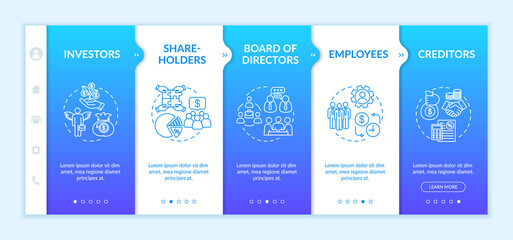 Corporate players onboarding vector template. Board of directors and investors. Employees. Responsive mobile website with icons. Webpage walkthrough step screens. RGB color concept