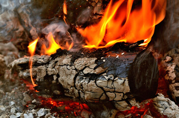 Fire with flames charred wood. Close-up detail.