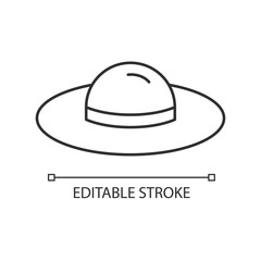 Female hat linear icon. Woman cap with ribbon. Summer vintage accessory for sun protection. Thin line customizable illustration. Contour symbol. Vector isolated outline drawing. Editable stroke