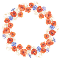Round frame with poppies, cornflowers and cereals. Watercolor wild flowers. Floral wreath with place for text on white. Can be used creating card or invitation card.