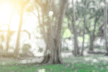 Green trees, abstract, blurred background with bokeh