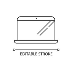 Laptop linear icon. Computer blank screen. PC display with keyboard. Gadget wirth monitor. Thin line customizable illustration. Contour symbol. Vector isolated outline drawing. Editable stroke