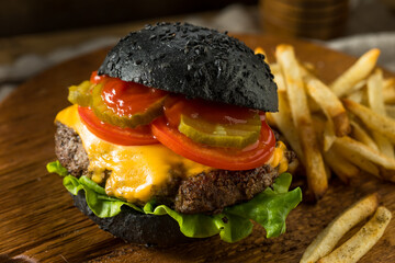 Homemade Cheeseburger with a Black Charcoal Bun