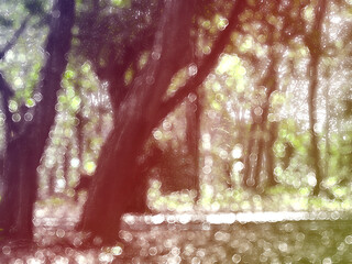 Green trees, abstract, blurred background with bokeh