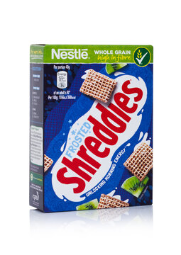 LONDON, UK - JANUARY 10, 2018: Pack of Shreddles frosted whole grain ceral for breakfast on white.Product of Nestle