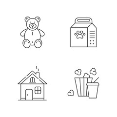 Lifestyle linear icons set. Stuffed toy for children. Plush bear for kids. Home improvement. Customizable thin line contour symbols. Isolated vector outline illustrations. Editable stroke