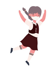 Girl kid with uniform medical mask jumping design, Back to school and social distancing theme Vector illustration