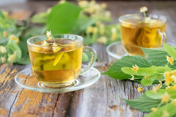 Herbal tea with linden inflorescences in glass cups on an old wooden table. Rustic style.
