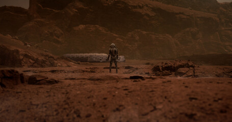 Astronaut looking on a space habitat colony from a distance. Mars colonization concept. 3D rendering © supamotion