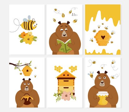 Set of cards with beehive, cute cartoon bear, bee, flowers, beehive. Vector illustration