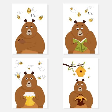 Set of cards with cute cartoon bear holding a honey jar, beehive, flying bees. Vector illustration