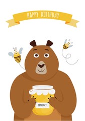 Happy birthday card with cute cartoon bear, jar with honey and bees. Vector illustration