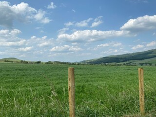 Fototapeta na wymiar Large meadow with long grasses, looking over toward Grassington, Skipton, Uk