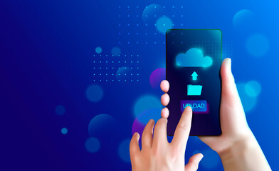Hand holding smartphone and sends files to cloud storage. Vector illustration. Cloud data services.