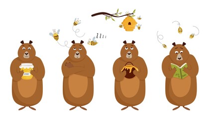 Set of bear character with different emotions, honey jar, beehive and flying bees. Concept vector illustration