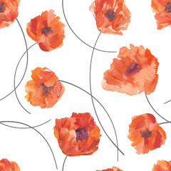Poppies. Seamless watercolor pattern on white. Art floral background.