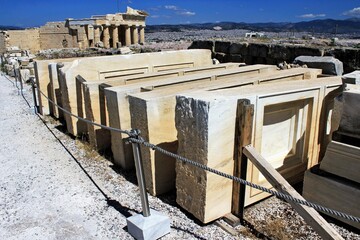 Greece, Athens, June 18 2020 - Pieces from Parthenon temple at the archaeological site of the Acropolis.