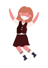 Girl kid with uniform medical mask jumping design, Back to school and social distancing theme Vector illustration