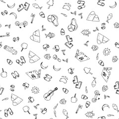 Fototapeta premium Seamless pattern of hand drawn camping doodles. Line icons
