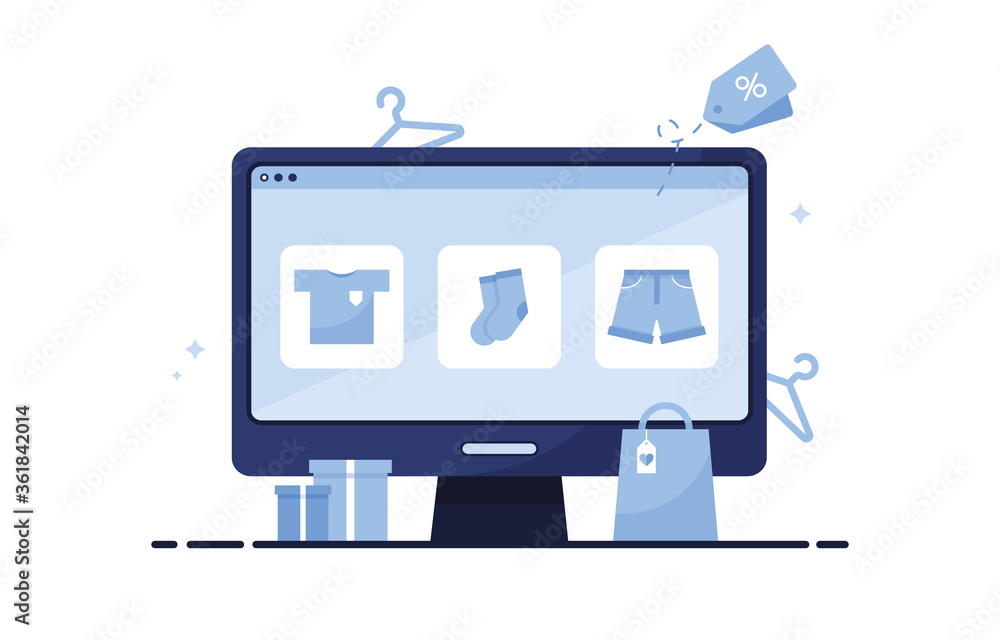 Poster vector illustration of a computer monitor with an online store site. purchases through the internet 