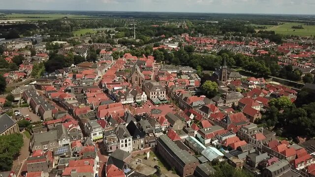 Aerial view of Steenwijk, the Netherlands. Flying over the city centre's main square.